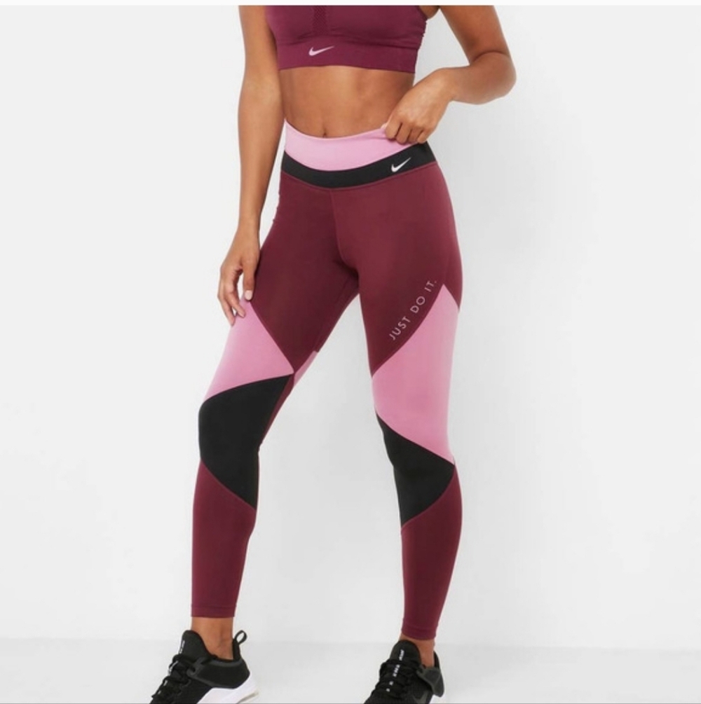 Nike Womens One Dri - Fit Geometric Pink Wine Black Colorblock Leggings sz M - Picture 1 of 11